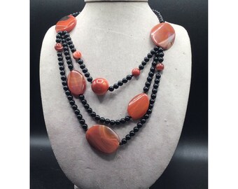 Semi Precious Stone Necklace Carnelian & Black Onyx Beads Triple Strand Necklace