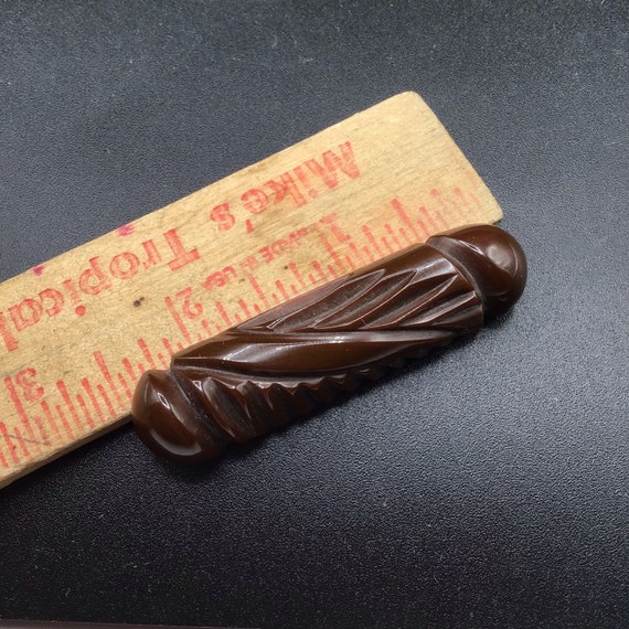 Carved Bakelite Bar Pin Deep Brown Elongated Vint… - image 5