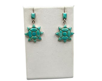 NATIVE Signed PB 925 Earrings Dangles Sterling Silver Turquoise Inlay Sunburst Pierced Drops