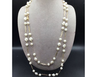 Long Faux Pearls Link Necklace Vintage Hong Kong Acrylic Pearls & Gold Tone