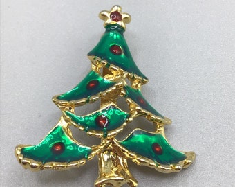 Christmas Tree Pin Brooch Green Red Enamel Holiday Pin Vintage Costume Jewelry