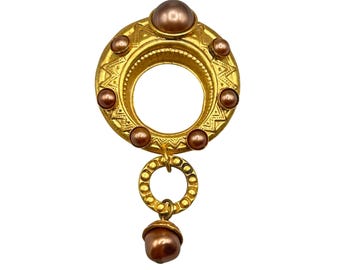 KATE HINES Vintage Pin Brooch Oversized Large Long Dangle Brooch With Faux Brown Pearls