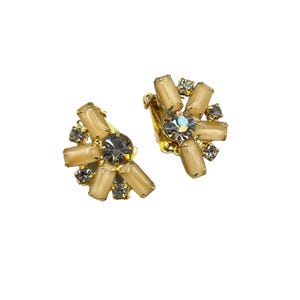 Vintage Gold Tone & Tan Color Rhinestone Clip On Earrings Floral Earrings