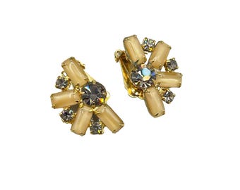 Vintage Gold Tone & Tan Color Rhinestone Clip On Earrings Floral Earrings