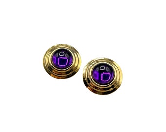 Vintage Purple & Gold Pierced Earrings Studs Acrylic Cabochons Small Round Domed