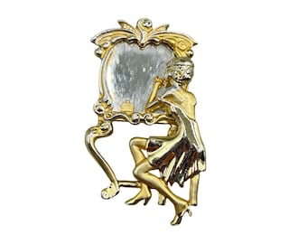 Vintage Lady w Vanity Mirror Pin Brooch AJC Matte Gold Tone Fun Costume Jewelry