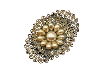 Antique Brass Brooch Filigree Style And Faux Pearls Flower Art Deco C Clasp