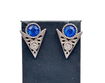 Vintage Arrows Earrings Pewter Metal with Blue Rhinestones Pierced Stud Earrings