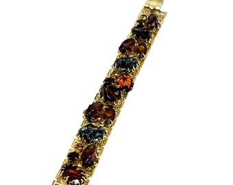 Vintage Cluster Beads Rhinestones Wide Panel Bracelet Gold Tone Earthy Colors