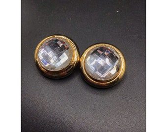Big and Bold Clear Acrylic Earrings Gold Tone & Faceted Sphere Clip On Earrings