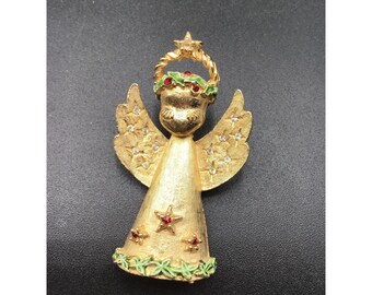 Angel Brooch Signed ART Arthur Pepper Gold Tone Christmas Holiday Holly Leaves
