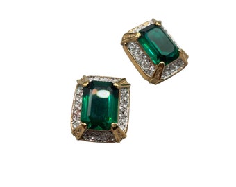 Vintage Green Glass Rhinestone Clip On Earrings Designer Quality Costume Jewelry
