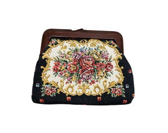 Vintage Petite Floral Tapestry Handbag Coin Purse Petite Point Flowers Design
