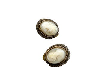 Vintage Cameo Clip On Earrings Antique Genuine Carved Shell Cameos Brass Setting
