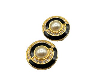 SAL Swarovski Black Enamel Clip On Earrings Crystals and Faux Pearls