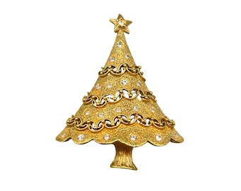 Christmas Tree Pin Brooch Gold Tone And Clear Rhinestones Vintage Holiday Jewelry