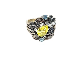 Vintage Yellow Quartz Ring Size 10 Flowers Design Sterling Silver 925 Blue Topaz