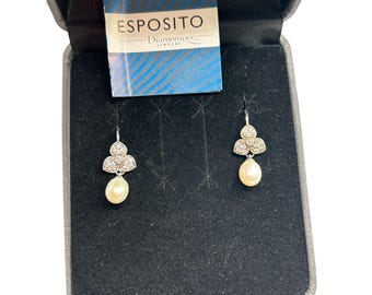 Esposito Diamonique Sterling Silver Pearl Drops Earrings Floral Dangles With CZ