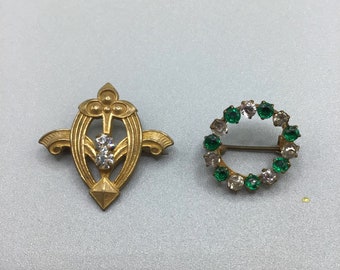 Pair of Victorian Petite Brooches Set of 2 Old Antique Dainty Rhinestones Pins