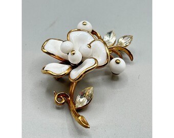 Vintage Signed Trifari White Milk Glass Camellia Flower Brooch