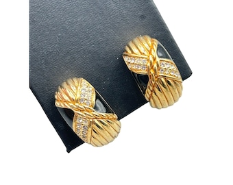 Vintage Signed Swarovski Clip On Earrings Gold Tone and Enamel with Crystals
