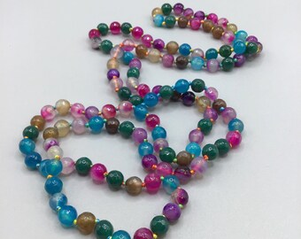 Hand Knotted Dyed Agate Necklace Long Strand Faceted Round Beads Vibrant Colors