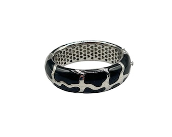 Animal Print Hinged Bangle Bracelet Black Enamel Silver Plated Chunky Statement