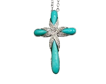 Sterling Silver Cross Pendant & Chain Necklace 925 Silver Turquoise Sleeping Beauty