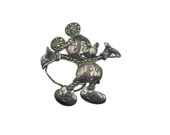 Vintage Mickey Mouse Pin Brooch Sterling Silver & Marcasite Stones Bejeweled Pin