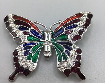 Colorful Butterfly Brooch Enamel Red Green Blue Clear Rhinestones Insect Pin