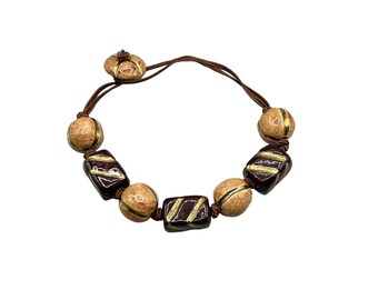 Vintage Handcrafted Chunky Ceramic Necklace Earthy Brown Tones Boho Inspired