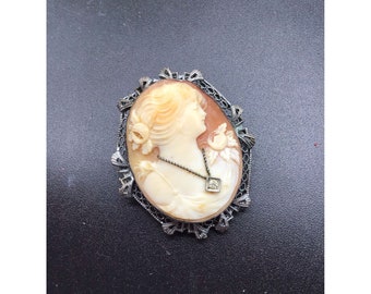 Sterling Silver Carved Cameo Brooch Highly Detailed Lady Cameo Filigree Frame