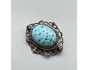 Vintage Robin's Egg Glass Cabochon Brooch Filigree Settings Blue Turquoise Color