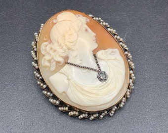 14K Gold Cameo With Diamond And Seed Pearls Genuine Hand Carved Shell Cameo Large Size