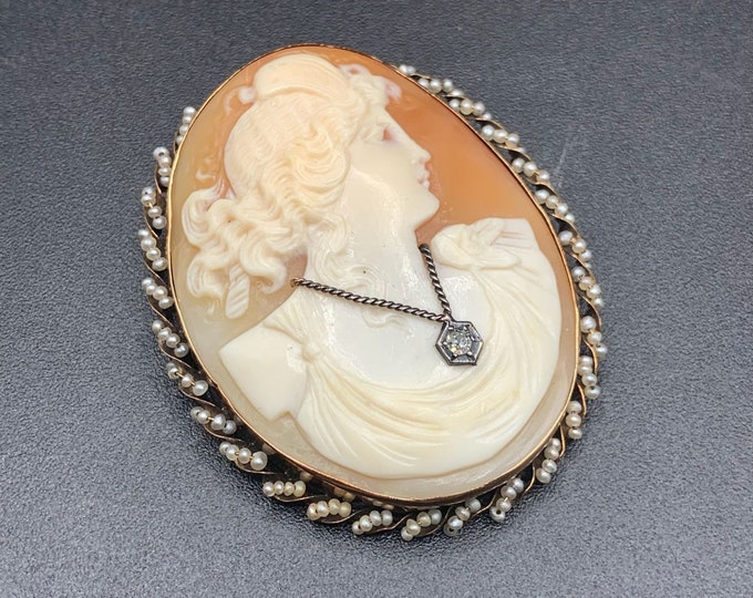 Featured listing image: 14K Gold Cameo With Diamond And Seed Pearls Genuine Hand Carved Shell Cameo Large Size