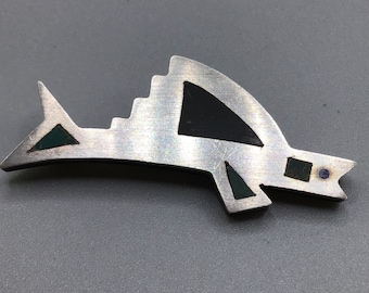 Taxco JLV Signed Sterling Silver Fish Brooch Stone Inlay Geometric Modernist Pin