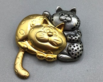 Danecraft Cats Brooch Two Tones Silver Gold Tone Metal Moving Tail Kittens Pin