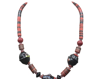 Unusual Art Glass Necklace in Red & Black Ethnic Style Surfer Jewelry