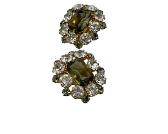 Vintage Rhinestones Earrings Clip On Unsigned Austria Greenish & Clear Stones