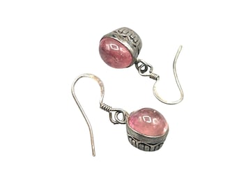 Vintage Rose Quartz Sterling Silver earrings Pierced Dangles Drops Ornate Bezel Set