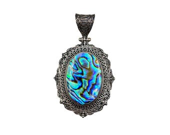 Abalone Shell Pendant Large Sterling Silver 925 Ornate Made In Indonesia