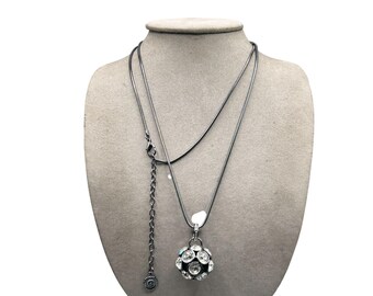 Signed GRAZIANO Long Chain Necklace With Sliding Rhinestones Ball Pendant