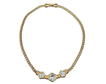 Swarovski Crystal Necklace Vintage Swan Signed Gold Tone Choker With Hexagonal Stones