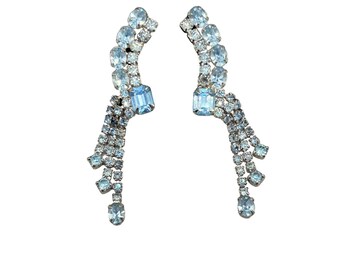 Vintage Clip On Earrings Rhinestone & Blue Crystal Ear Climbers Crawler Earrings