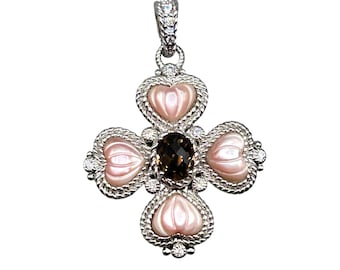 Judith Ripka Maltese Cross Enhancer Pendant Pink Mother of Pearl Smoky Quartz 925 Silver