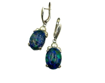 Azurite Malachite Sterling Silver Dangle Earrings Pierced Drops Blue Green Stone
