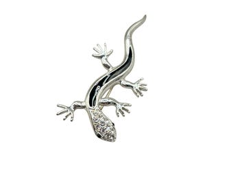 Vintage Lizard Gecko Pin Brooch Silver Tone And Black Enamel
