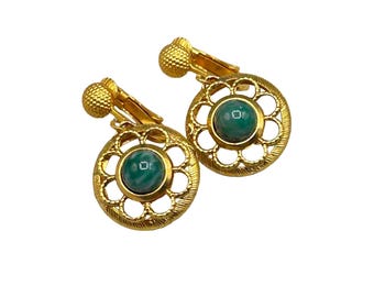 Vintage Gold Tone Clip On Earrings with Faux Green Stones Statement Earrings