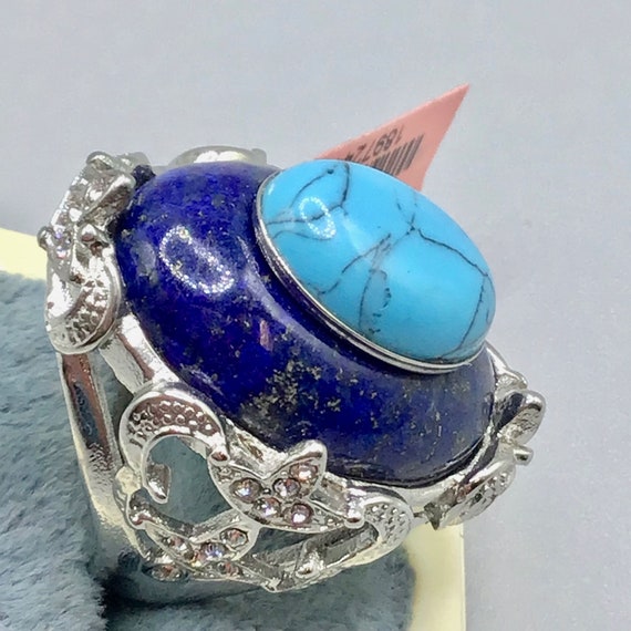 Lapis Lazuli & Turquoise Stone Ring Size 8 Semi P… - image 3