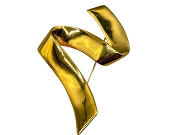 Vintage Monet Gold-Tone Ribbon Brooch Pin Iconic Signature Statement Modernist Brooch
